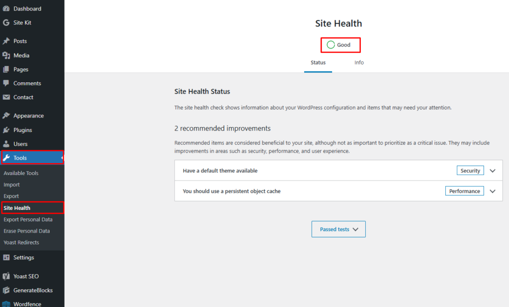 WordPress Site Health page showing the HTTPS status check and the option to update site URLs